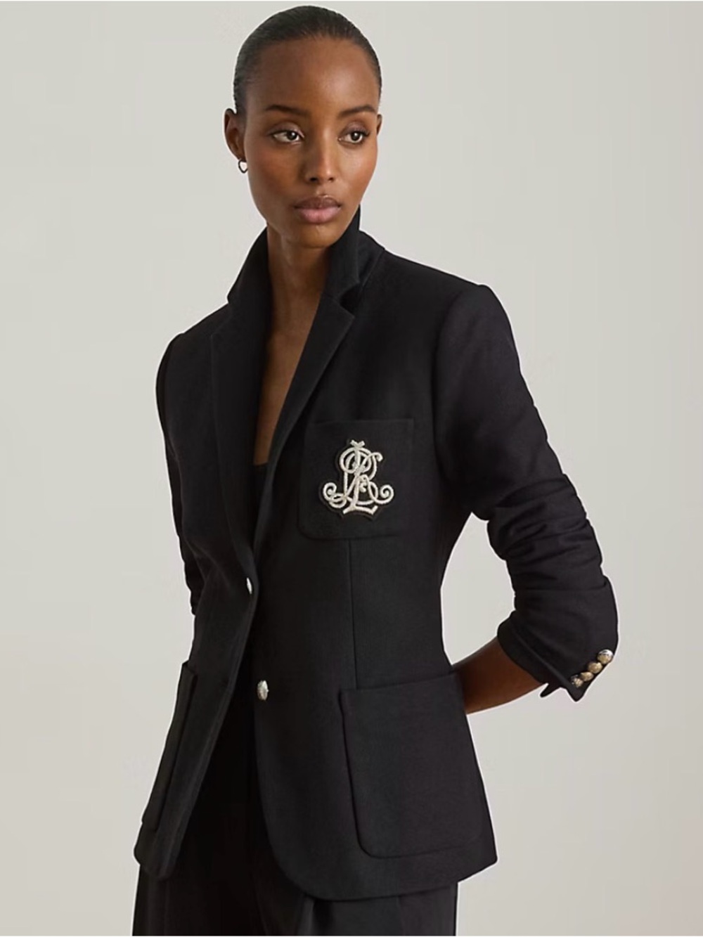 Ralph Lauren Black Tailored Blazer with Embroidered Crest Patch